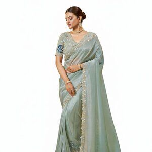 Exquisite Women's Organza Tissue Silk Saree in Light Grey with Intricate